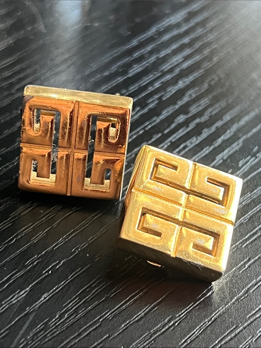 Vintage GIVENCHY 1977 Double G Goldtone Square Clip Earrings